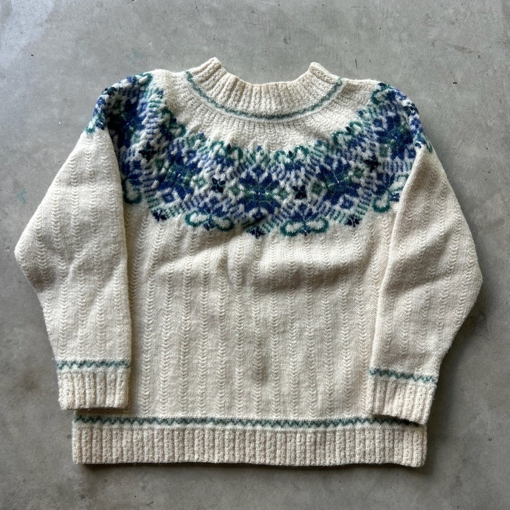 Dale of Norway Vintage Wool Nordic Fair Isle Sweater Cream Blue Green Large